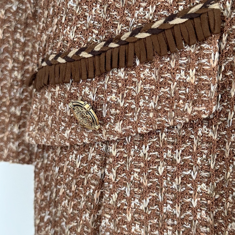 St John Tweed Jacket 12 Brown Textured Knit Gold Button Fringe Equestrian Luxury - Picture 14 of 16